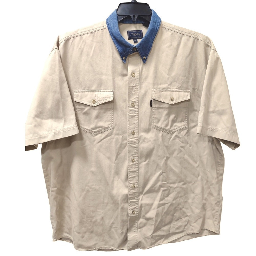 Roper Mens XL Tan Short‎ Sleeve Button Up Shirt Denim Collar